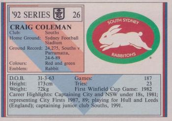 1992 Regina NSW Rugby League #26 Craig Coleman Back